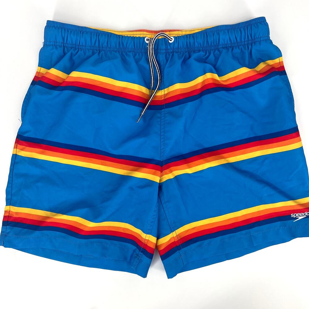 Speedo Blue with Rainbow Stripes Size XL Board Shorts Drawstring Waist No Mesh